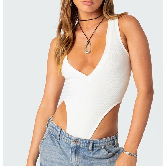 Edikted Tops - Edikted Women's High Cut Ribbed V Neck Sleeveless Bodysuit White Size XS